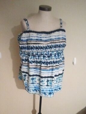 St. John's Bay Blue and White Patterned Smocked Swim Top in a Plus Size
